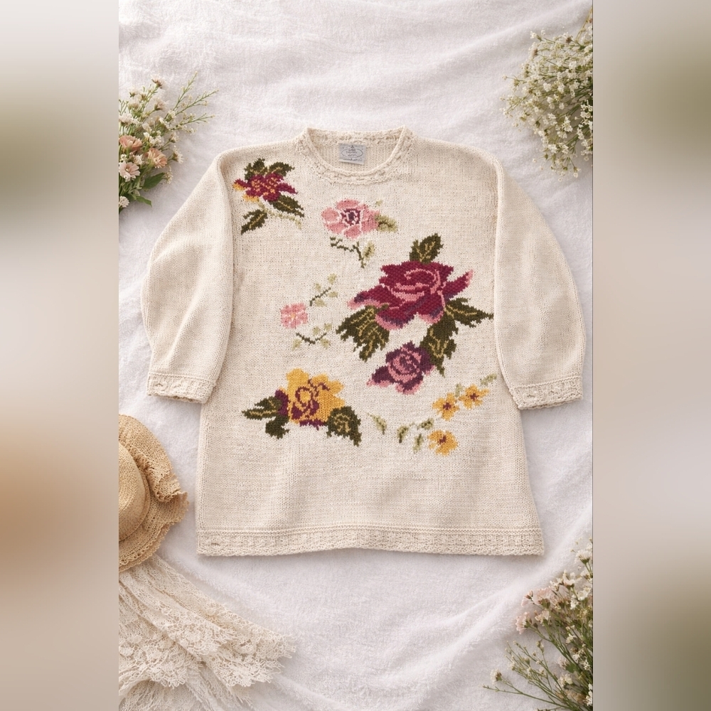 Unbranded HAND Knitted Beige With Colorful Flowers Long Sleeve. LARGE